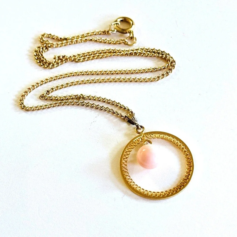 VTG Coral Necklace Pink Angel Skin Genuine Natural Gemstone 14k Gold‎ GP Italy